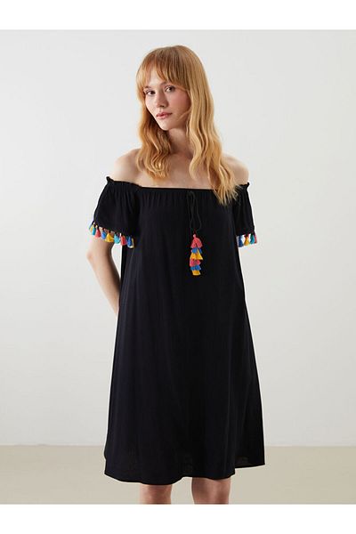 LC Waikiki Νέα σεζόν γυναικείο φόρεμα παραλίας με λαιμόκοψη και λεπτομέρεια με φούντα - S54238Z8