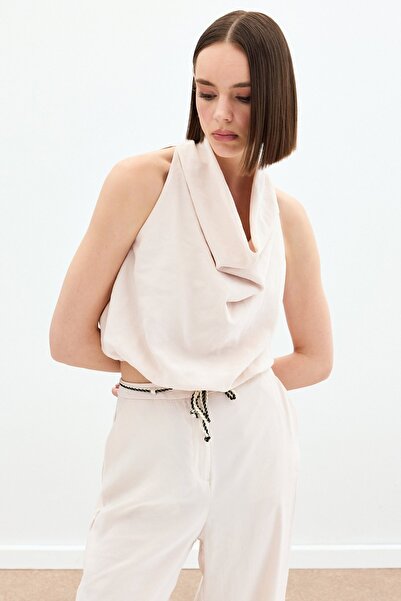 Sateen Degaje Yaka Bluz - Bej