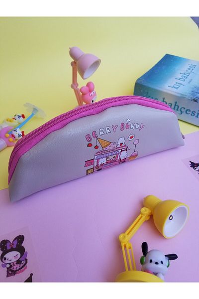 şengül takı evi Ice Cream Strawberry Rabbit Bunny Cute Kawai School Faux Leather Pencil Case Pen Holder