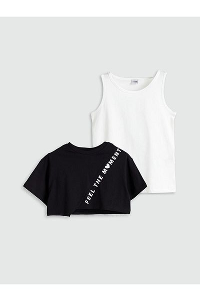 LC Waikiki Black Crew Neck Girls Crop T-Shirt and Tank Top