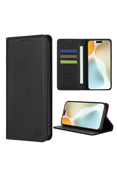 Choice جراب جلدي قوي قابل للطي مغناطيسي لهاتف iPhone 13 أسود اللون مع فتحة لل...