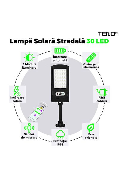 Teno Lampa Solara Stradala 30 LED-uri Teno®, protectie IP65, Waterproof, exterior, negru
