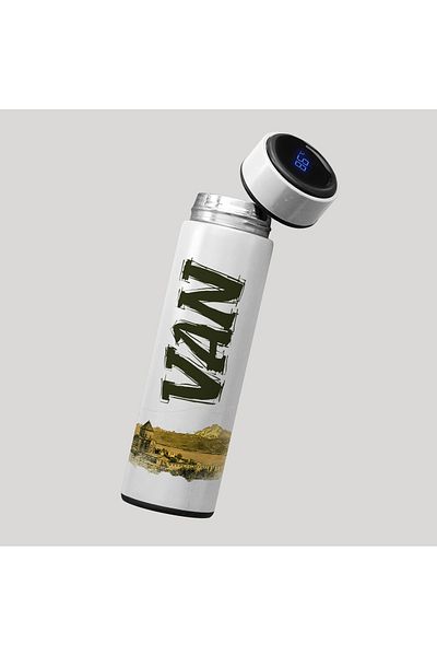 ZERYA Van City Illustrated Digital Display Steel Thermos - 450 ml - Van Akdamar Church Thermos