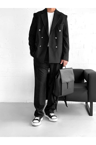 ablukaonline Men's Striped Oversize Double Breasted Suit Black
