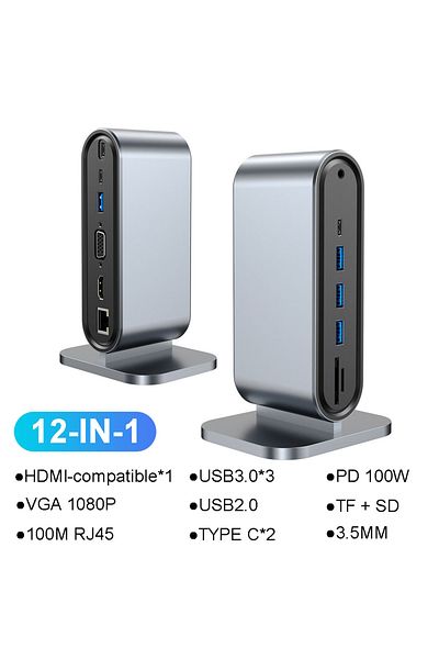 Kebidumei 12-IN-1 HDMI USB C Docking Station PD 100W USB C HUB Type C to HDMI-Compatible Adapter 4K 30Hz VGA R