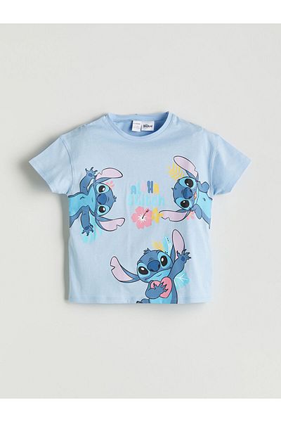 LC Waikiki Blue Crew Neck Stitch Printed Girl's T-Shirt