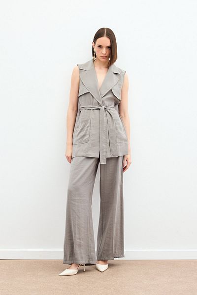 Sateen Long Vest with Belt - Khaki