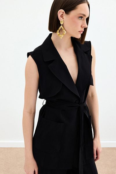 Sateen Vestă lungă cu curea - neagră