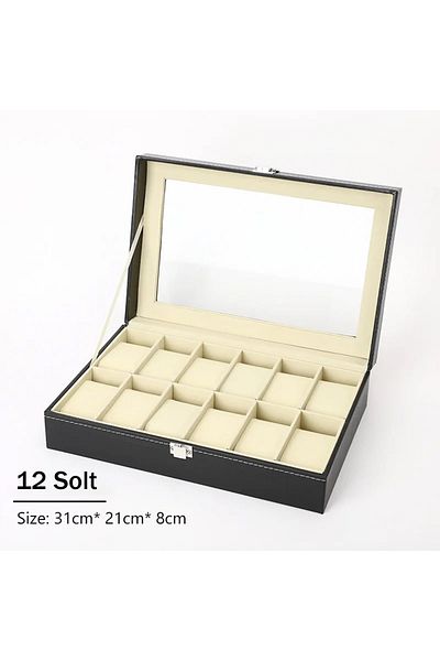 CAOWTAN 12 Solts Hot Sale PU Leather Display Storage Collection Organizer watch box Case With Glass Top Slot