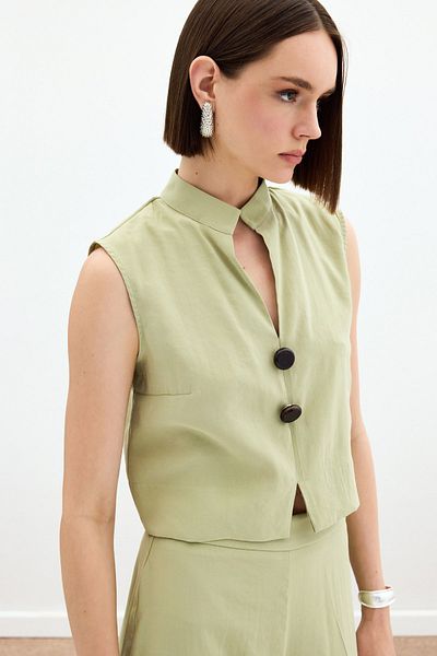 Sateen Blouse with Ornamental Button Detail - Oil Green