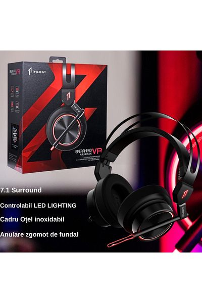 1MORE Căști de gaming Spearhead VR, surround stereo 7.1, anulare zgomot, lumini LED, pentru PC, PS4, Xbox