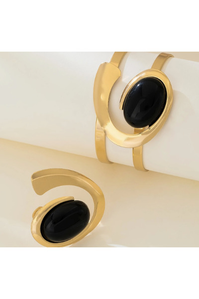 SE Jewellery Collection Selin Ersoy Siyah Taş Detaylı Altın Renk Modern Bileklik ve Yüzük Takımı