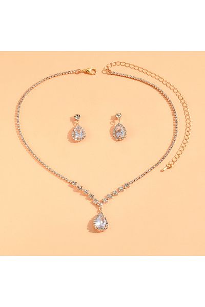 Choice ZT4055-Golden 3 Wedding Season Women's Fashion Droplet Necklace and Earring Set Banquet Party Access