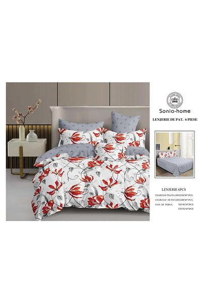 Sonia-home 6-piece satin cotton bedding set – Sonia Home Damask Red and Grey Tulips