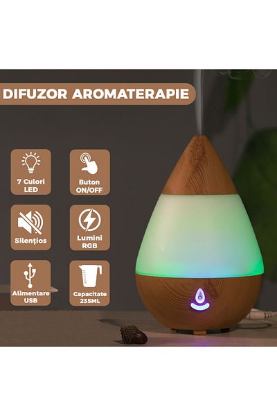 Teno Teno® Aromatherapy Diffuser, 7 LED colors, dynamic lights, 235ml capacity, light oak