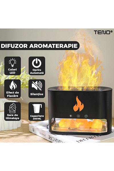 Teno Teno® Aromatherapy Diffuser, flame effect, 4 LED colors, 250ml capacity, black