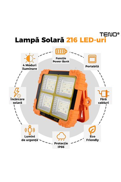 Teno Lampa Solara 216 LED-uri Teno®, 4 moduri de iluminare, IP66, exterior, portocaliu
