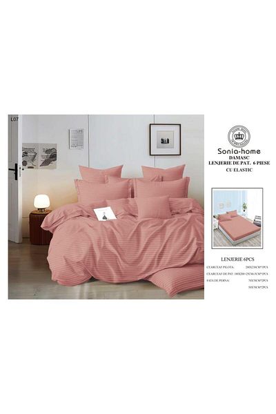Sonia-home 6-piece cotton satin bedding set with elastic – Sonia Home Damask Powder Pink