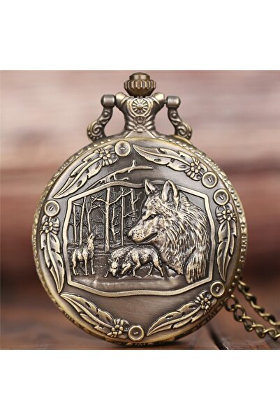 Choice ساعة يد عتيقة من البرونز، بنقش رأس ذئب، تعمل بالكوارتز، مع سلسلة قلادة...