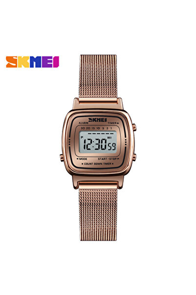 Skmei ساعة يد رقمية صغيرة من الذهب الوردي بمينا شبكي ساعة رياضية أنيقة للنساء من أفضل العلامات التجارية الفاخرة 3 بار