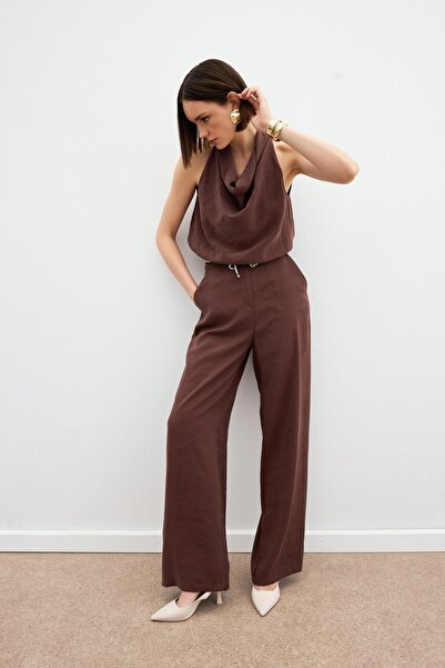 Sateen Örgü Kemerli Pantolon - Kahve