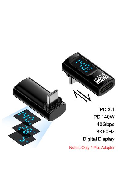 Choice محول USB-C بزاوية 90 درجة، شاشة رقمية، محول USB-C PD 140 واط، USB-C، محول PD 140 واط، أسود، 40 جيجابت في الثانية، 8K@60Hz