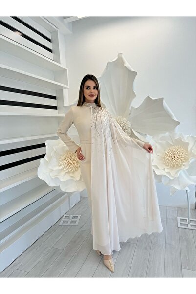 White Corner 3141 ŞİFON DETAYLI TAŞLI ELBİSE