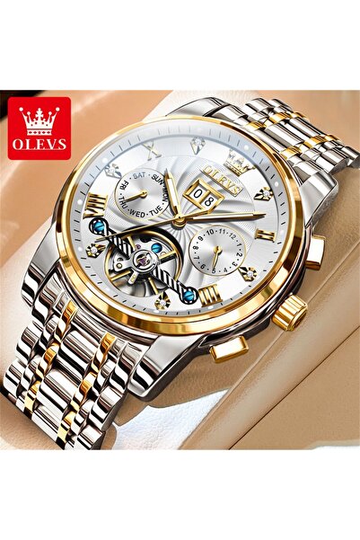 Choice ساعة OLEVS الكلاسيكية للرجال باللون الأصفر توربيون متعددة الوظائف أوتوماتيكية بالكامل ساعة رجالية فاخرة للرجال