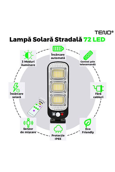 Teno Lampa Solara Stradala 72 LED-uri Teno®, protectie IP65, Waterproof, exterior, negru