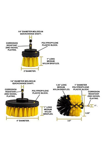 OEM Set of 3 cleaning brushes, with adapter for drill/self-tapping tool, Yellow/Black