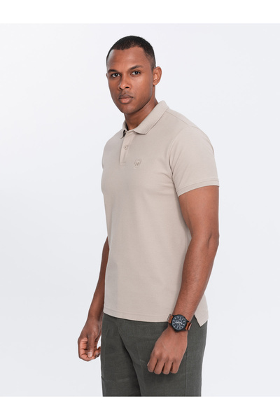 OMBRE BASIC men's single color pique knit polo shirt - dark beige V5 OM-POBS-0100 XL