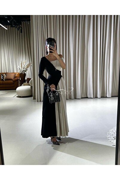 ALANOOD FASHION فستان ون شولدر مميز اسود وبيج تكسير