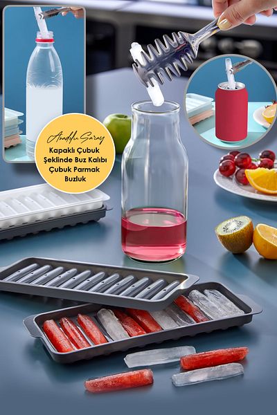 Anadolu Saray 2 Pcs 11 Compartment Covered Stick Shaped Ice Mold |   Non-Stick Bass Finger Ice Tray Stick Ice Mold