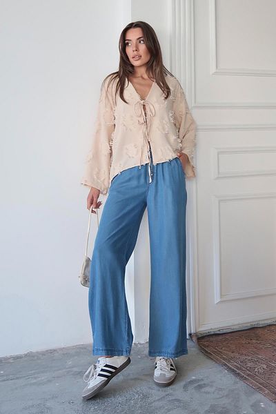Olcay Buy Lace-Up Comfortable Cut Lyocell Trousers Blue 7585