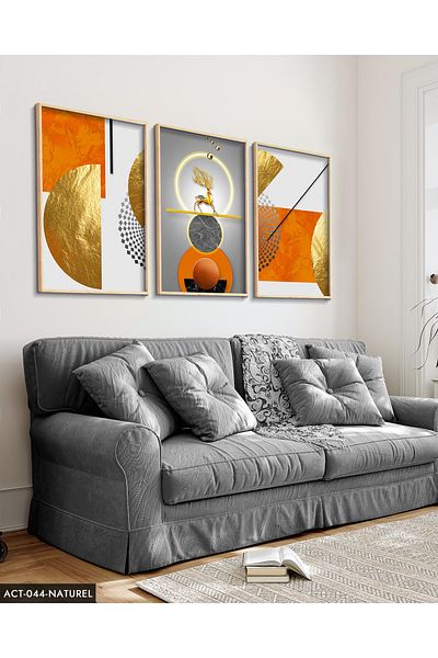 Evinemoda Gold, Deer, Geometry, Abstract, Neon 3 Piece Wooden Framed Painting Act