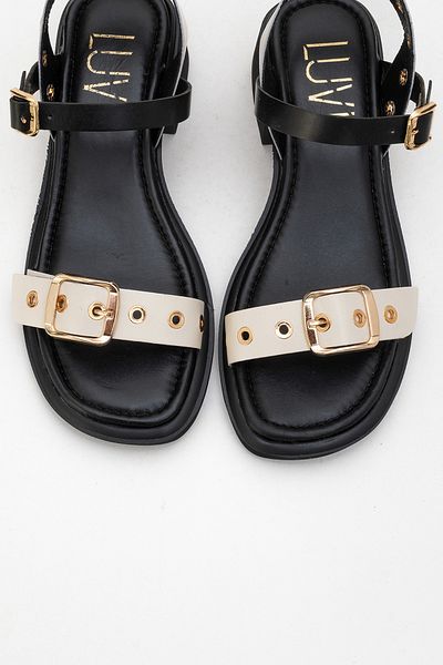 LuviShoes Sandale cu toc gros pentru femei RABEL din piele naturală neagră-bej