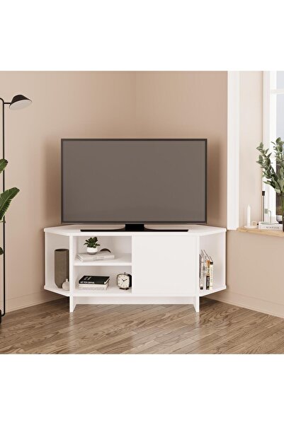 Bimossa TEO B1320 Köşe TV Ünitesi TV Sehpası – Beyaz | Kapaklı Raflı 48 inç Uyumlu