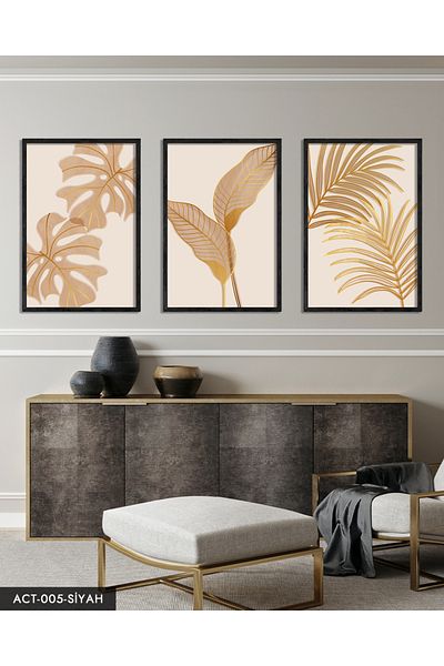 Evinemoda Botanic Golden Leaf Flower 3 bucăți pictură în cadru din lemn negru ACT