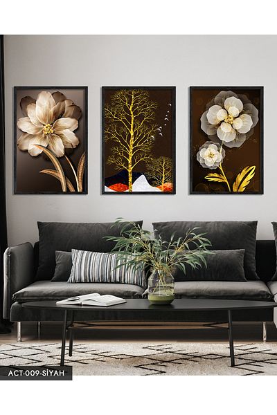 Evinemoda Flower Tree 3 Piece Black Wooden Framed Painting Act