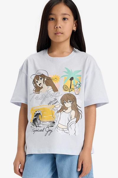 DeFacto Tricou cu mânecă scurtă imprimat pentru fete, sezon nou