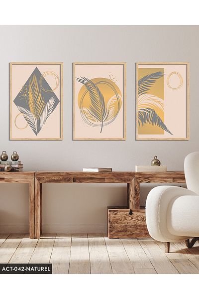 Evinemoda Artistic Feather Pattern 3 Piece Wooden Framed Painting Act