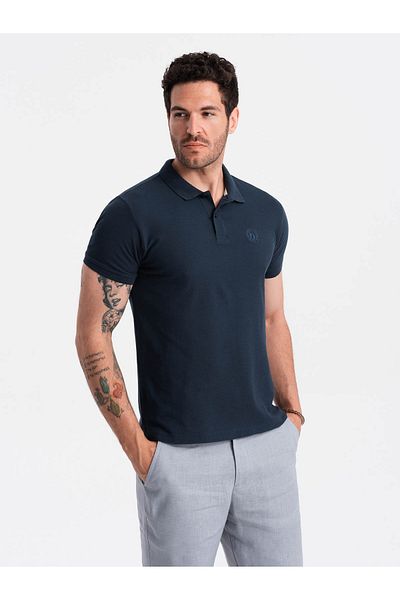 OMBRE BASIC Herren-Poloshirt aus einfarbigem Piqué-Strick - Marineblau V2 OM-POBS-0100 M