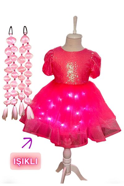 3b kids Sequined Pink Light Dress Costume+Pink Bubble Hair+Pink Heels Shoes Set Party Feast
