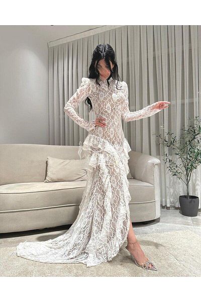 ALANOOD FASHION فستان دانتيل بـ اللون أبيض و أسود طويل بتصميم أنيق ومميز