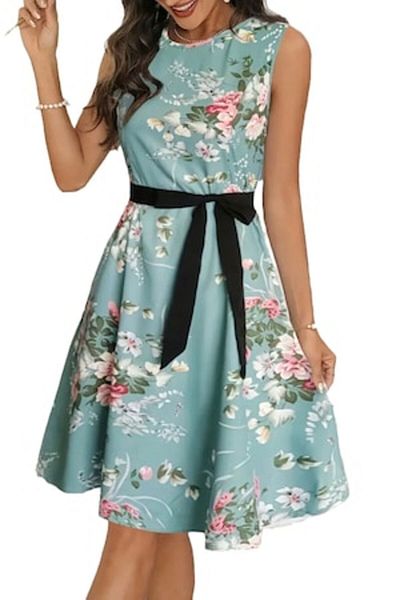 import Rochie de vara florala, cordon in talie, Albastru