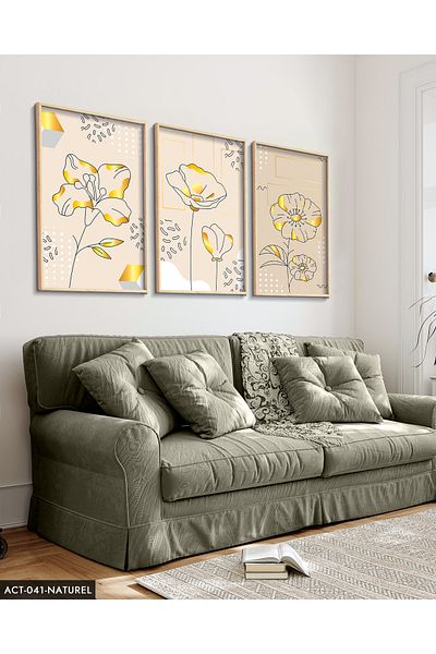 Evinemoda Drawing Flower 3 Piece Wooden Framed Painting Act