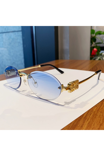 Choice Blue Oval Frame Sunglasses New Rimless Cut Edge Personality Glasses Fashion Design Sense Small Frame