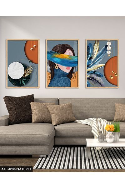 Evinemoda Abstract , Artistic , Woman , Feather , 3 Piece Painting with Wooden Frame Act