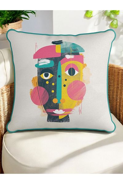 ASDİVA Abstract Face Pattern Blue Piping Velvet Textured Decorative Throw Pillow Cover 43X43