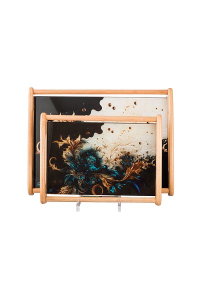 casa rosa Wooden tray set of 2 pieces , with colored modern glass floor
